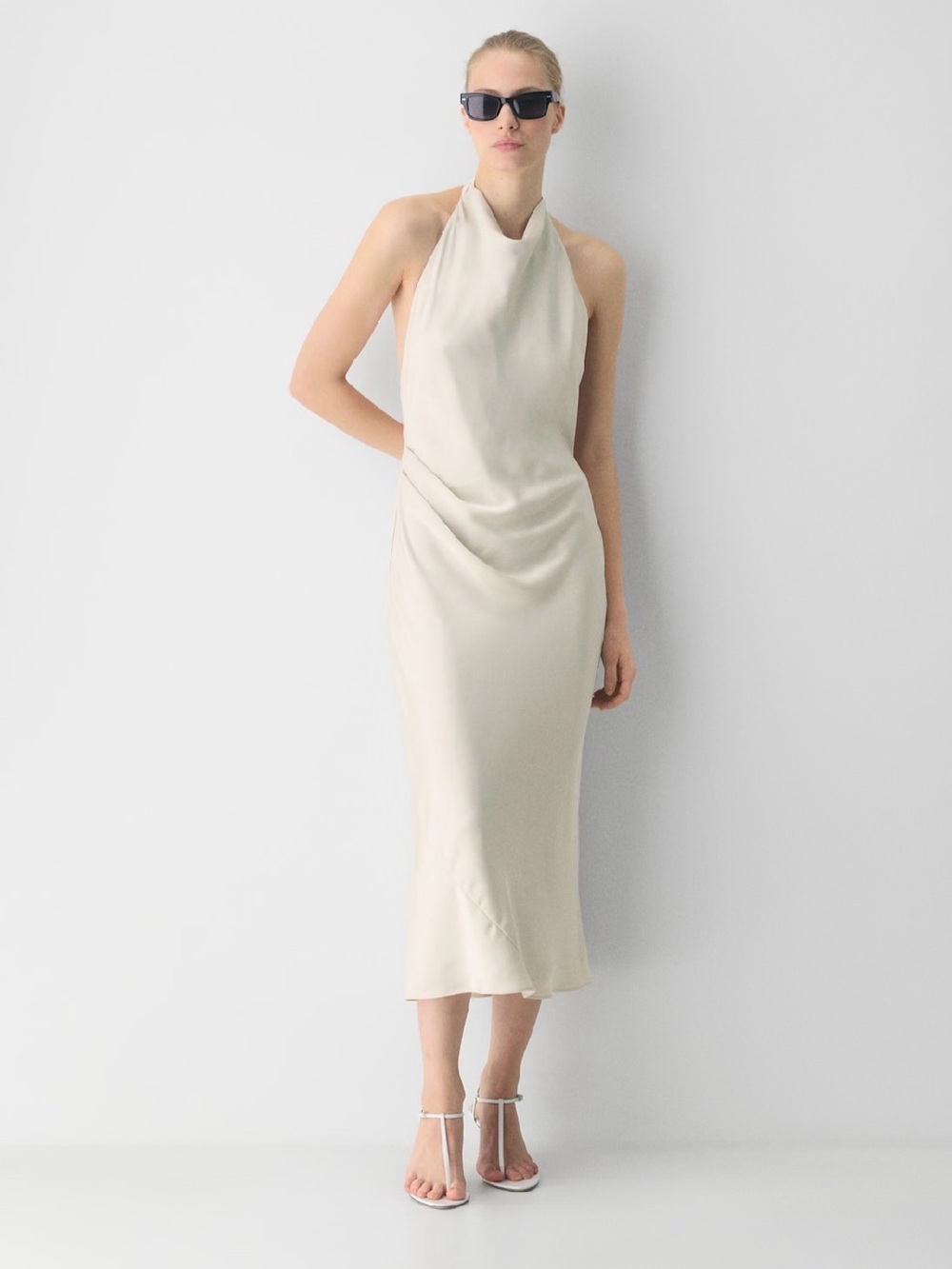Aritzia Audience Satin Maxi Halter Dress in Matte Pearl